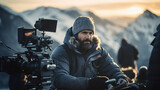 cinematographer setting up a camera for a mountain scene generative ai