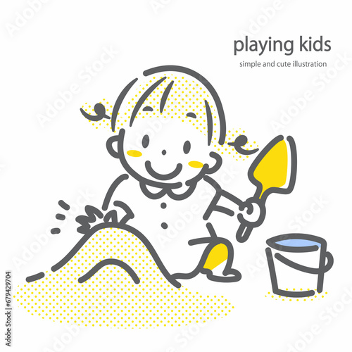 楽しく砂場で遊ぶ女の子　シンプルでかわいい線画イラスト photo