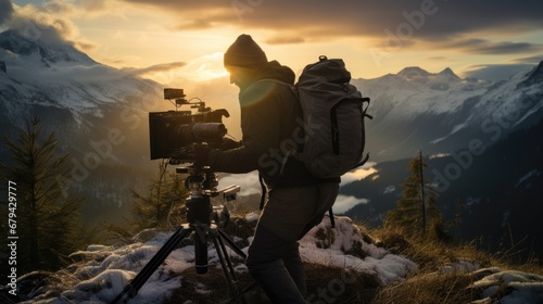 cinematographer setting up a camera for a mountain scene, generative ai