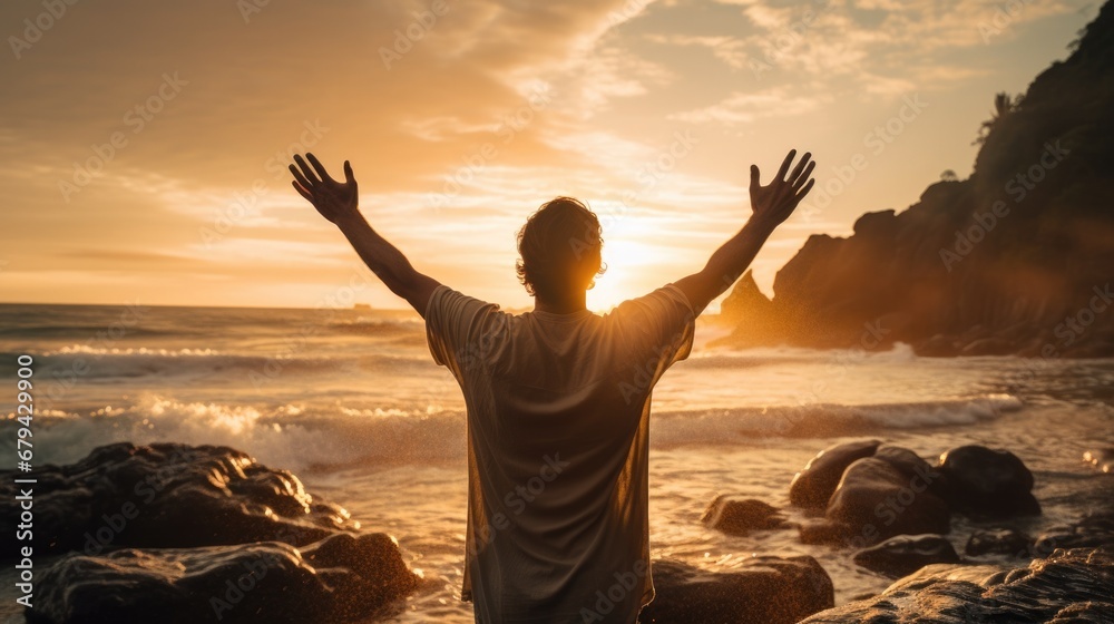 believer with hands raised in prayer by a serene lakeside, showcasing their spiritual connection generative ai - obrazy, fototapety, plakaty 