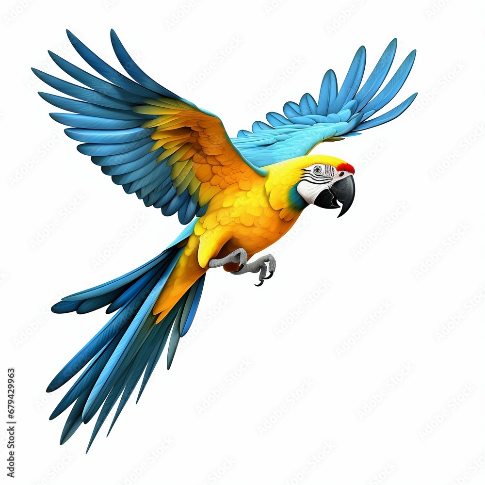Vivid Elegance: Blue and Yellow Macaw Parrot Isolated on White Background. Generative ai