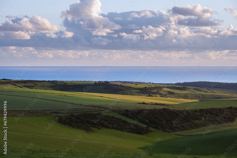View of the South Downs and the English Channel in autumn, East Sussex, England