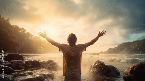Photo believer with hands raised in prayer by a serene lakeside, showcasing their spir