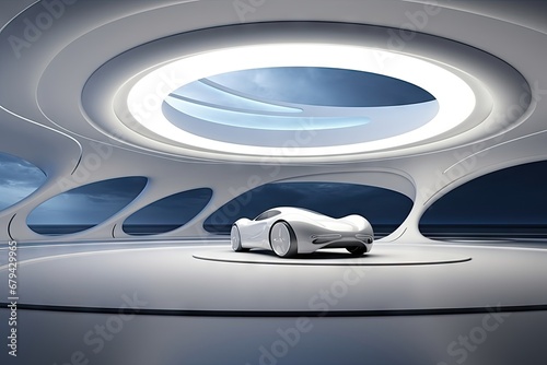 futuristic interior with white colors and car