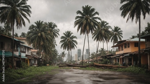 Tropical city landscape after hard rain and storm. Travel and vacation concept. Weather and nature idea. With copy space.
