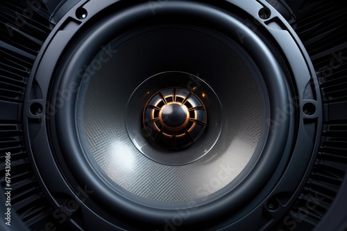 Close-up of black car sound speakers on a black background, with a powerful subwoofer for hard bass.