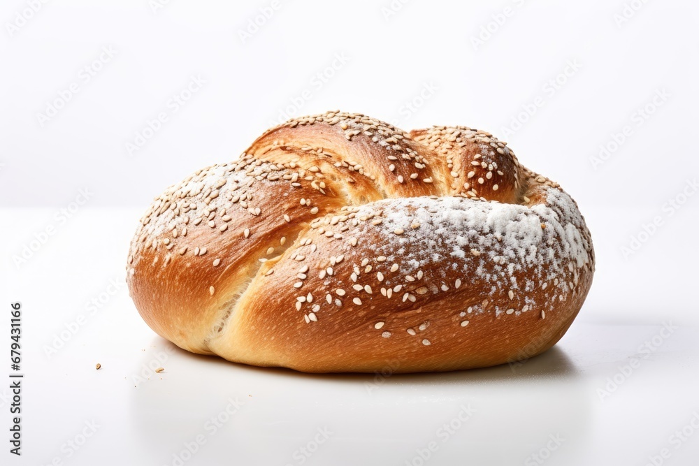 White-covered challah bread with poppy and sesame seeds on a white and grey backdrop.