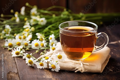 Chamomile tea with daisy background, immune support.