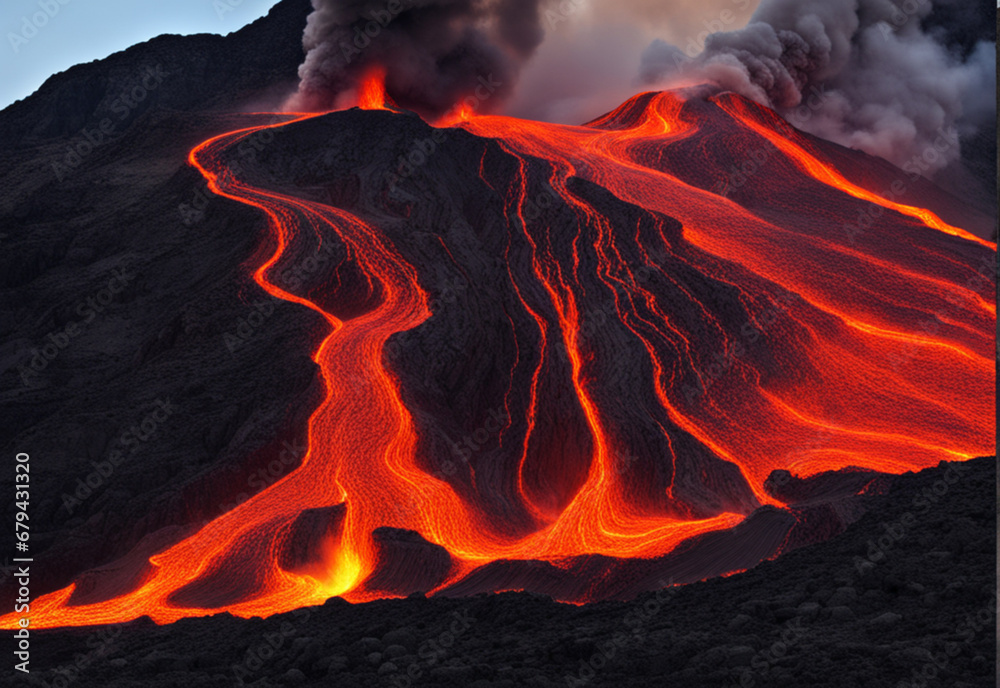 Gentle volcanic eruption releasing lava flow. Generative AI