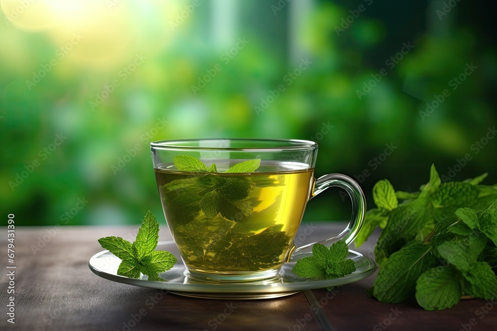 Fresh mint leaves in a cup of tea.