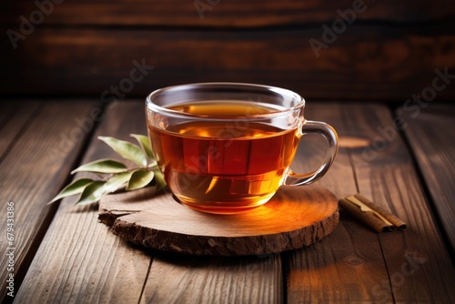 Tea on wooden backdrop.