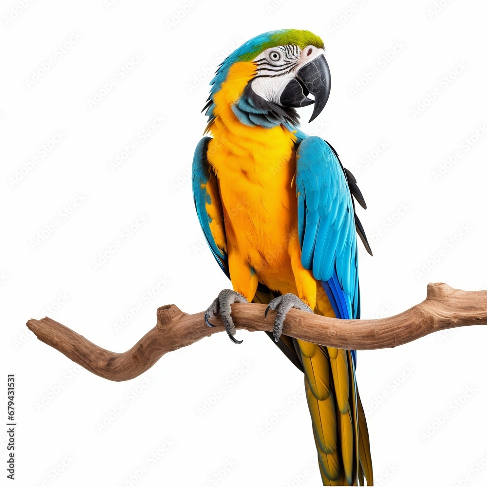 Vivid Elegance: Blue and Yellow Macaw Parrot Isolated on White Background. Generative ai