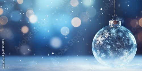 Enchanted Winter Glow: Transparent Christmas Ornament Amidst Sparkling Bokeh Lights. Generative ai