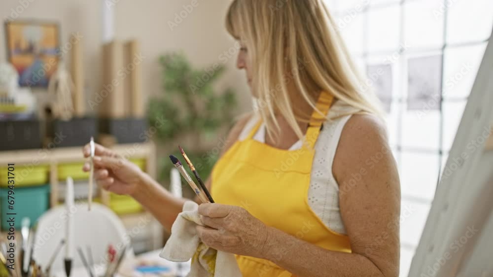 Mature and beautiful blonde artist diligently cleaning paintbrushes at her inviting art studio