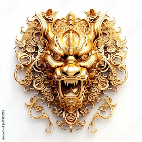 Imperial Majesty: Gold Chinese Dragon Face Isolated on White Background. Generative ai