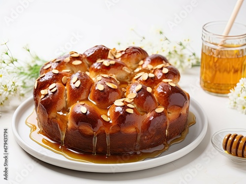 Rosh Hashanah round challah with honey and sugar glaze, decorated with apples, dates, white flowers, honeycomb, and honey.