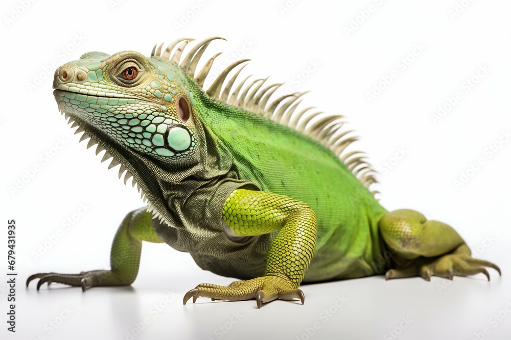 Fototapeta premium Tropical Reptile Elegance: Green Iguana Isolated on White Background. Generative ai