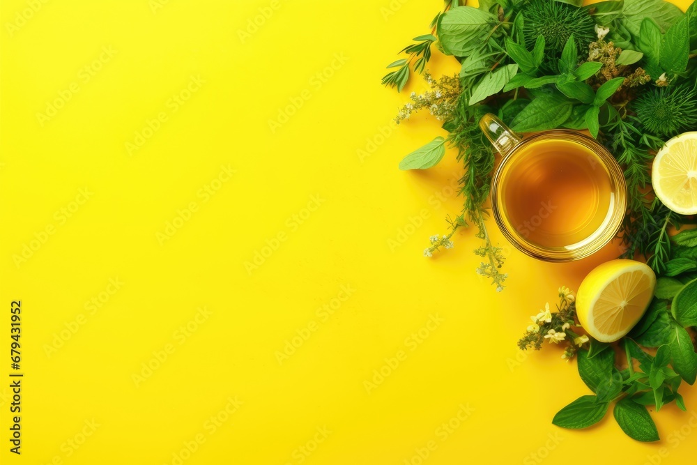 Top view of herbal tea with thyme, lemon, and other herbs over a vibrant yellow green background. Empty space for copying. Top view of herbal tea with thyme, lemon, and other herbs over a vibrant yellow green background. Empty space for copying.