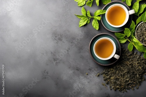 Green oolong tea and tea leaves on grey stone table with ceramic cups. photo