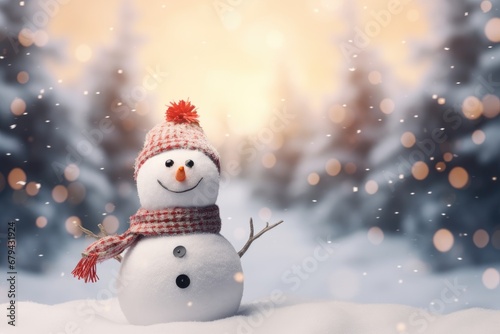 Cheerful snowman in a winter wonderland.