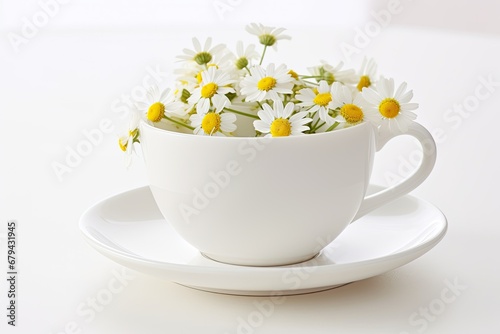 Chamomile tea in white porcelain cup on white backdrop