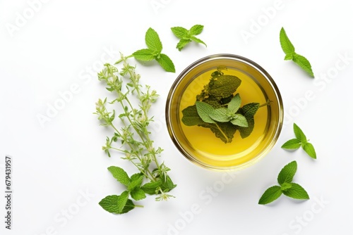 View of herbal tea from mint and other herbs on a white background, top-down perspective, copy space.