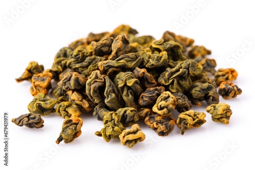 Round-shaped Taiwanese Oolong tea, Meishan Jin Xuan Golden Toad, of premium organic quality, isolated on a white background.