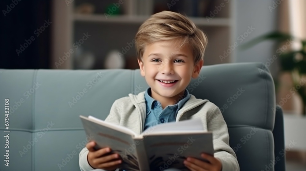 Joy of Learning: Happy Child Engrossed in Reading a Book at Home. Generative ai Joy of Learning: Happy Child Engrossed in Reading a Book at Home. Generative ai
