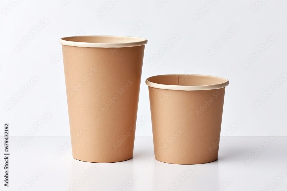 Unbleached plant fiber food box and paper cup isolated on white background, with clipping path. Eco-friendly packaging for food and drink. Unbleached plant fiber food box and paper cup isolated on white background, with clipping path. Eco-friendly packaging for food and drink.