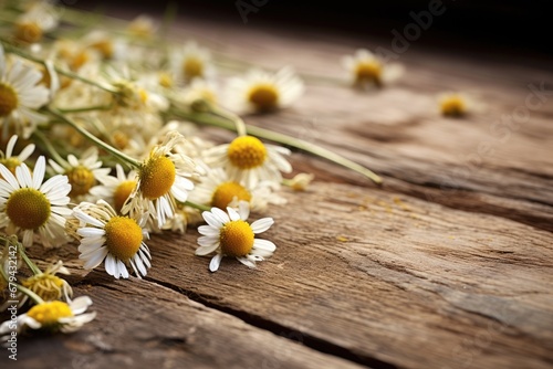 Close-up shot of dried Camomile on old wooden table. photo