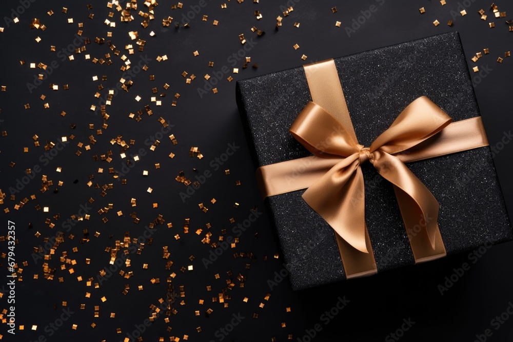 Top-down image of black gift box with satin ribbon and sequins on black background. Top-down image of black gift box with satin ribbon and sequins on black background.