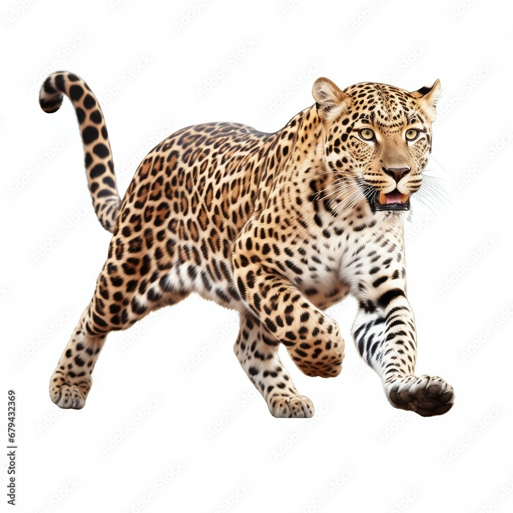 Swift Beauty: Leopard in Full Sprint Isolated on White Background. Generative ai Swift Beauty: Leopard in Full Sprint Isolated on White Background. Generative ai