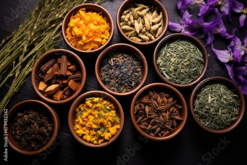Aerial picture of diverse loose leaf teas and flowers (black tea and lavender, chamomile, mint) © LimeSky
