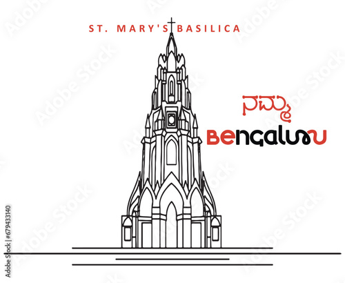 Vector line hand drawn illustration of St Mary’s Basilica Bangalore
