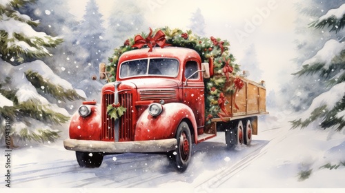 Red truck with Christmas tree