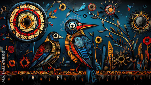 Traditional Madhubani style painting of birds on a textured background. photo