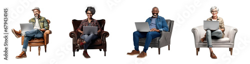 Set of Portrait Elderly man and woman happy smiling  sitting in chairs and using laptop computer, Full body isolated on white background, png photo