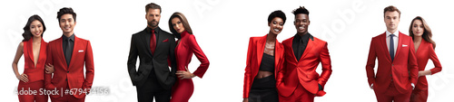 Set of Portrait of young couple a man in a black elegant suit and a woman in a red dress, happy smiling and standing posing together, isolated on white background, png