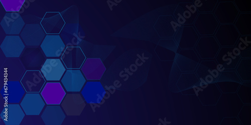 Abstract futuristic hexagons for network connection, wave background for science, computer and communication technology on dark blue background.