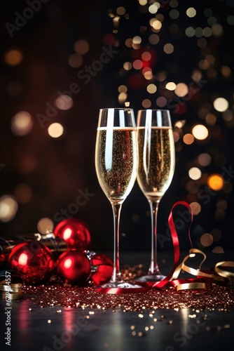 Two glasses of sparkling champagne with Christmas ornaments and red ribbon on a festive background with bokeh lights