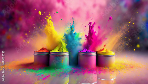 Vibrant exploding paint cans with flying paint in a studio in front of a colorful background. photo