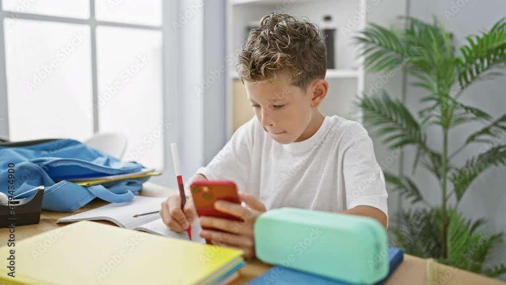 Adorable blond boy student, a smart cookie, taking serious notes from his smartphone while looking at its screen in the classroom Adorable blond boy student, a smart cookie, taking serious notes from his smartphone while looking at its screen in the classroom