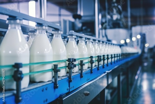 Production line of dairy products with bottles on a conveyor