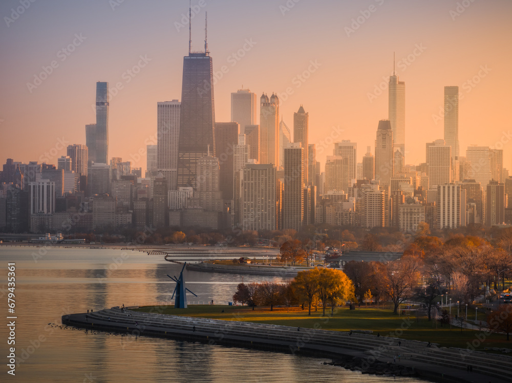 Fototapeta premium Chicago lakefront aerial view with autumn foliage