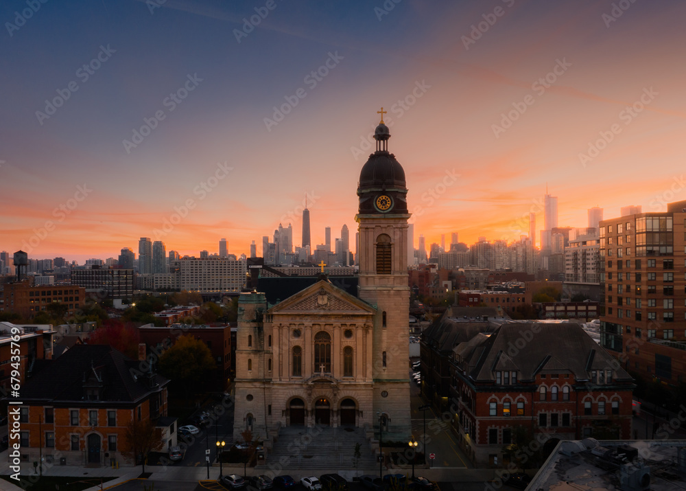 Chicago church aerial view at sunrise 