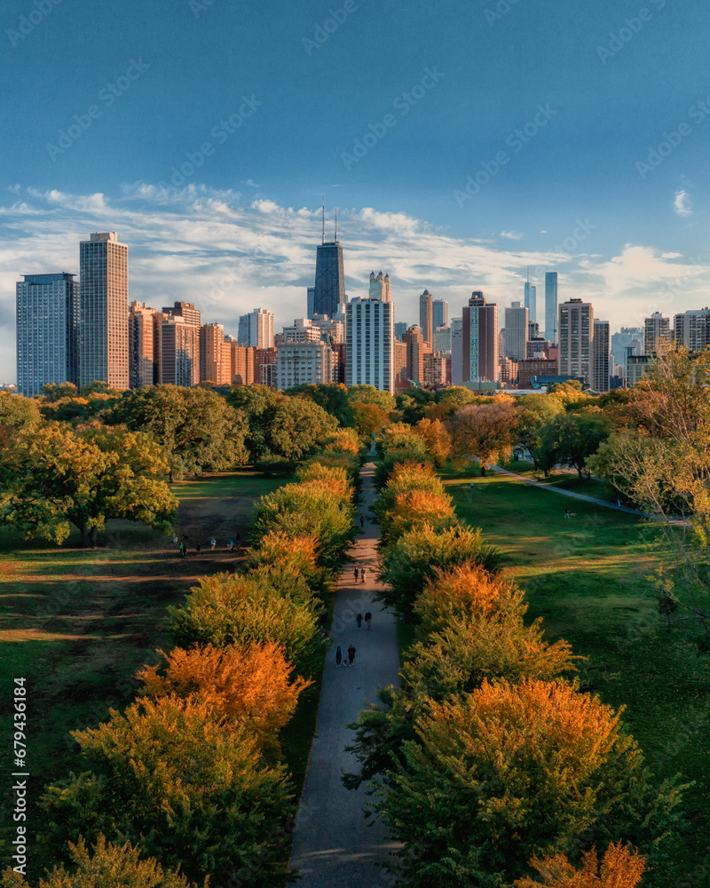 Fototapeta premium Lincoln Park Chicago during autumn aerial view