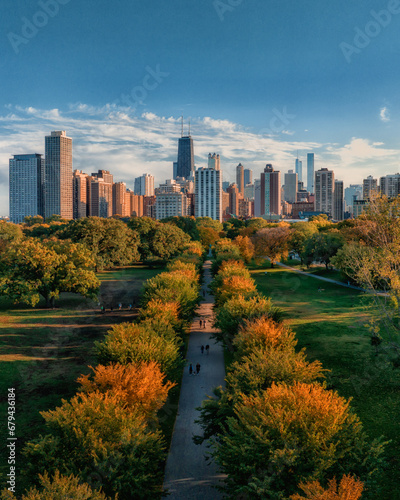Lincoln Park Chicago during autumn aerial view photo