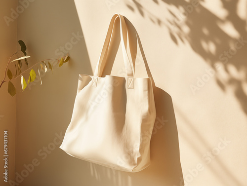 Free photo reusable eco friendly tote bag, Photo cotton recycling bag hanging, With Generative AI technology
 photo