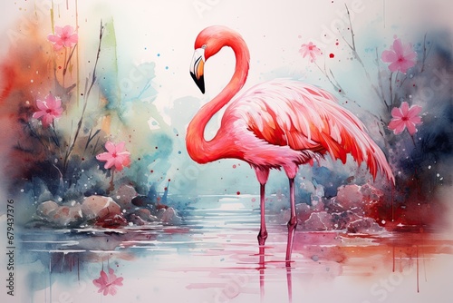 watercolor Flamingo watercolor pink flamingo in splashes Tropical exotic bird rose flamingo