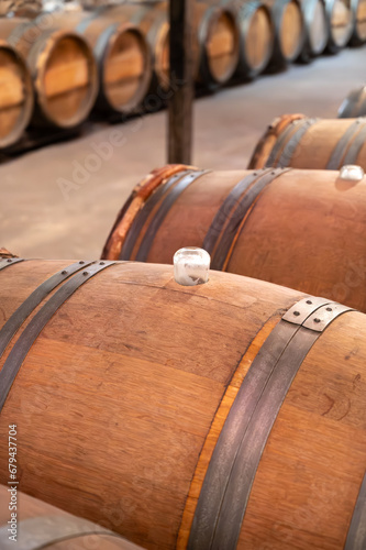 Wine cellar with wooden barrels in old wine domain on Sauternes vineyards in Barsac village affected by Botrytis cinerea noble rot, making of sweet dessert Sauternes wines in Bordeaux, France